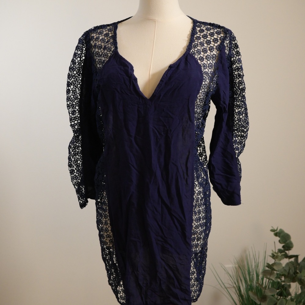 Solitaire Swim Navy Blue Crochet Lace V-Neck Beach Cover Up Dress Medium